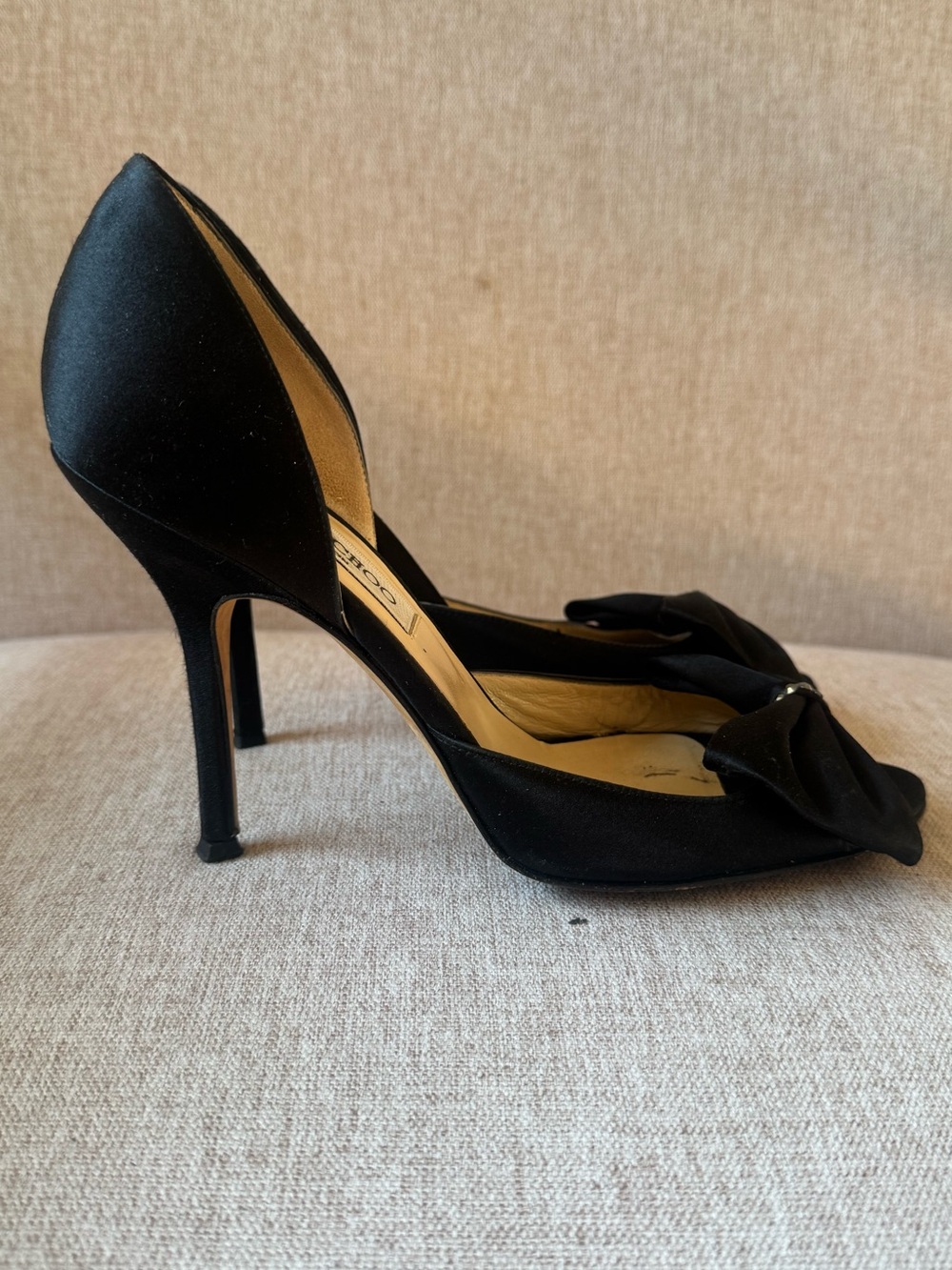 Jimmy Choo Black Satin Bow Open Toe Pumps 38.5 - Picture 5 of 10